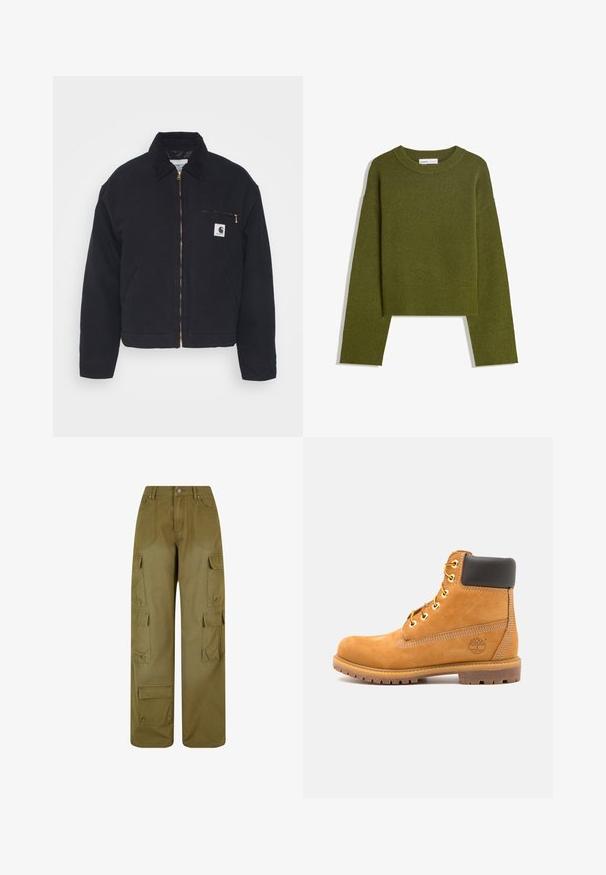 Black denim jacket with a corduroy collar, zip front, and a chest pocket featuring a gold zipper and a logo patch on the left side.; Olive green knitted sweater with a round neck, long sleeves, and ribbed hem. Features a cropped design with a soft, textured finish.; Olive green cargo pants made of durable fabric; feature wide legs, multiple side pockets, and a front button closure.; Brown leather ankle boot with black padding, gold eyelets, and a textured sole. Features a circular logo on the side and stitching accents.