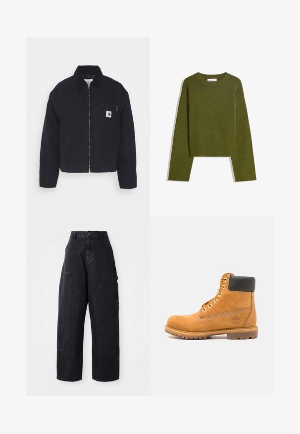 Čierna džínsová bunda s kordrovým golierom, predným zipsom a náprsné vrecko s modrým zipsom a nášivkou loga na ľavej strane.; Olivovo zelený pletený sveter s okrúhlym výstrihom, dlhými rukávmi a rebrovaným lemom. Vyznačuje sa skráteným strihom s jemným, textúrovaným povrchom.; Čierne denimové široké nohavice s vysokým pásom, dvoma veľkými prednými vreckami a gombíkovým zapínaním na páse. Hladká textúra, ležérny dizajn.; Hnedé kožené členkové topánky s čiernym polstrovaním, zlatými očkami a štruktúrovanou podrážkou. Obsahujú kruhové logo na boku a akcenty v podobe šitia.