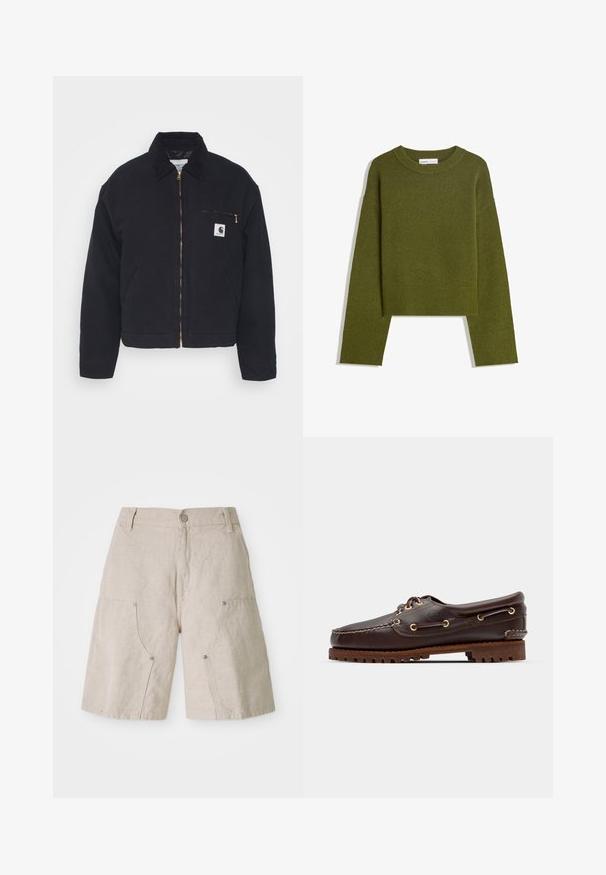 Zwart denim jack met een corduroy kraag, ritssluiting vooraan en een borstzak met een gouden rits en een logo patch aan de linkerkant.; Olijfgroene gebreide trui met een ronde hals, lange mouwen en een geribde zoom. Beschikt over een cropped ontwerp met een zachte, gestructureerde afwerking.; Beige linnen shorts met een ontspannen pasvorm, voorzien van twee voorzakken en ronde metalen accenten. Casual ontwerp met een gestructureerde afwerking.; Bruine leren bootsschoen met gouden oogjes, ronde veters en een gestructureerde bruine rubberen zool. Kenmerkt zich door gestikte details en een verhoogd logo.