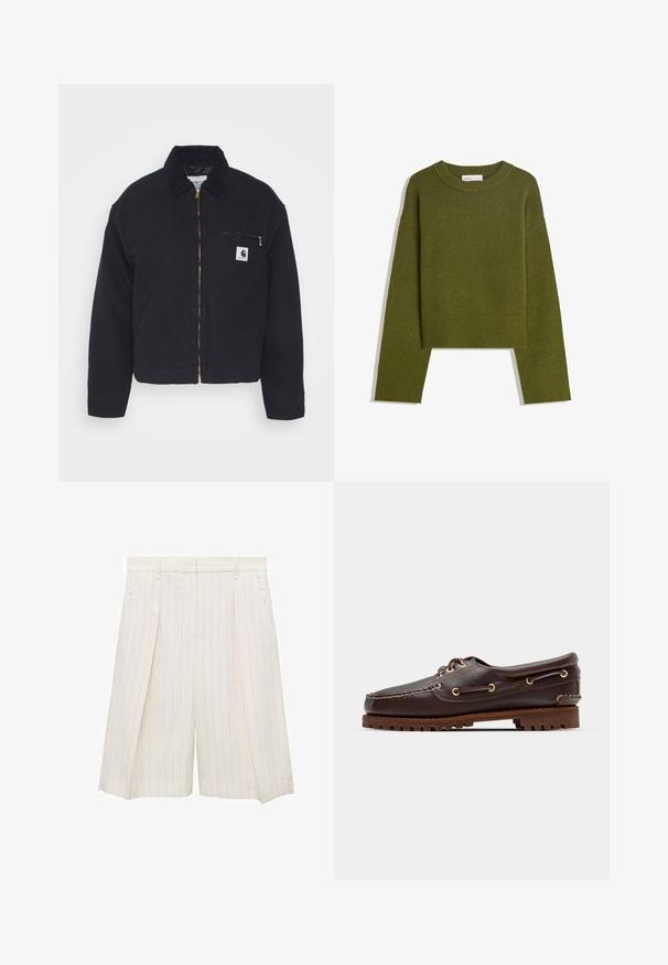 Veste en denim noir avec un col en velours côtelé, fermeture éclair à l'avant et une poche poitrine avec une fermeture éclair dorée et un patch logo sur le côté gauche.; Pull en maille vert olive avec col rond, manches longues et ourlet côtelé. Présente un design court avec une finition douce et texturée.; Shorts crème à rayures étroites avec une finition plissée à l'avant, poches latérales et une silhouette ajustée. Fabriqués à partir d'un tissu léger, adaptés aux temps chauds.; Bateau en cuir marron avec des œillets dorés, des lacets ronds et une semelle en caoutchouc marron texturée. Présente des détails de couture et un logo en relief.