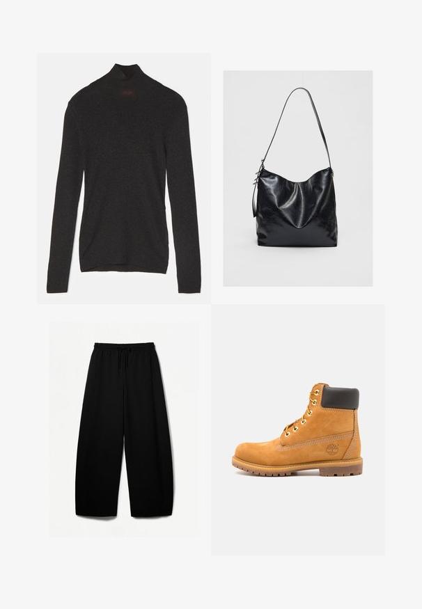 Schwarze Jeansjacke mit samtigem Kragen, Reißverschluss vorne und einer Brusttasche mit einem goldenen Reißverschluss und einem Logo-Patch auf der linken Seite.; Schwarzes Langarm-Turtleneck aus weichem Stoff mit subtiler Glanzoptik. Hat eine figurbetonte Silhouette und ein hohes Kragen-Design.; Schwarze weit geschnittene Hosen mit elastischem Bund und Kordelzug. Weicher Stoff mit glatter Textur. Gerader Schnitt mit Seitennähten.; Braune Leder-Stiefelette mit schwarzer Polsterung, goldenen Ösen und einer strukturierten Sohle. Hat ein kreisförmiges Logo an der Seite und Nähakzente.; Schwarze Leder-Schultertasche mit einer weichen, strukturierten Oberfläche. Sie hat ein geschwungenes Design und einen einzelnen verstellbaren Tragegurt. Kein zusätzliches Zubehör.