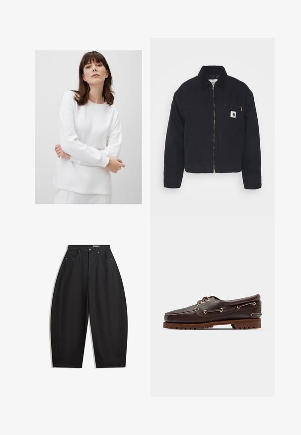 Czarna kurtka ze denimu z kołnierzem z sztruksu, zamkiem na przodzie oraz kieszenią na piersi z złotym zamkiem i naszywką z logo po lewej stronie.; Biała, długosleeve'a bluza z okrągłym dekoltem, gładka w dotyku, luźna, z lekko zaokrąglonym dołem, noszona z skrzyżowanymi ramionami.; Czarne spodnie szerokie w nogawkach wykonane z bawełny, z wysokim stanem, pięcioma kieszeniami i metalowym zapięciem. Gładka tekstura i brak widocznych wzorów.; Brązowe skórzane buty w stylu boat shoe z złotymi oczkami, okrągłymi sznurowadłami oraz teksturowaną brązową gumową podeszwą. Zawierają przeszycia i wypukłe logo.