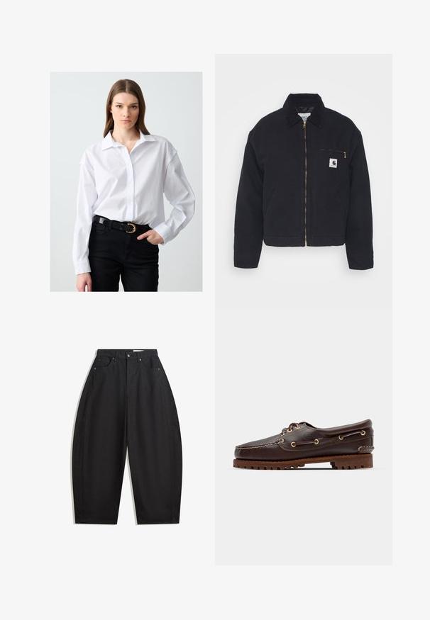 Veste en denim noir avec un col en velours côtelé, fermeture éclair à l'avant et une poche poitrine avec une fermeture éclair dorée et un patch logo sur le côté gauche.; Chemise blanche à manches longues avec un devant à boutons, présentant un col classique et une coupe décontractée, associée à un jean noir et une ceinture noire avec des accessoires en or.; Pantalons larges noirs en coton, avec une taille haute, cinq poches et une fermeture à bouton en métal. Texture lisse et sans motifs visibles.; Bateau en cuir marron avec des œillets dorés, des lacets ronds et une semelle en caoutchouc marron texturée. Présente des détails de couture et un logo en relief.