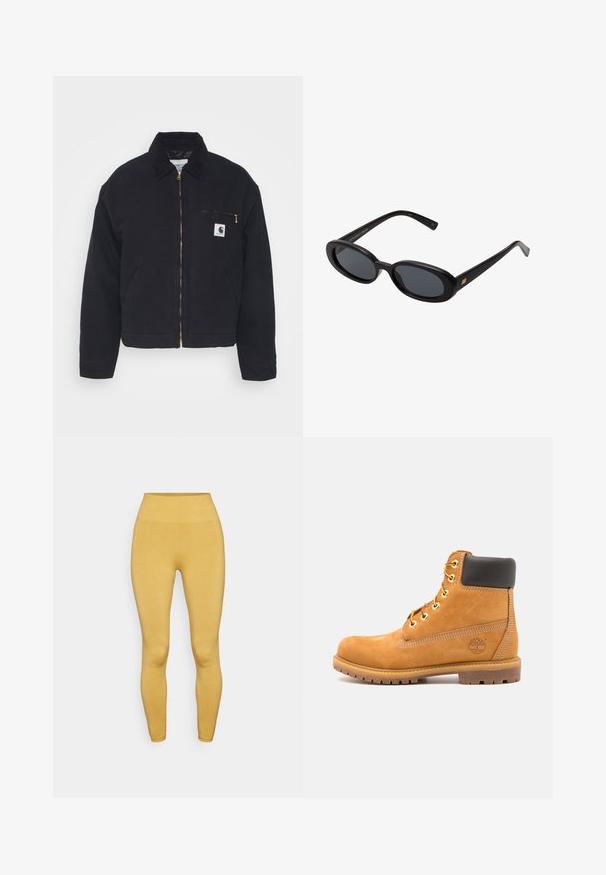 Melnas denima jaka ar kordūru apkakli, ar rāvējslēdzēju priekšpusē un krūšu kabatu, kas aprīkota ar zelta rāvējslēdzēju un logo uzlīmi kreisajā pusē.; Balts ribots bez piedurknēm, kuram centrā uz krūtīm ir melns izšūts logo. Kakla un roku caurumu malas ir rūpīgi apstrādātas ar smalku apdari.; Yogasearcher ASA SEAMLESS LEGGING - Legingi - curry; Brūna ādas potīšu zābaki ar melnu polsterējumu, zeltainām acīm un teksturētu zoli. Uz sāniem ir apļveida logotips un šuvju akcenti.; Melnu pārspīlēto saulesbrilles ar ovālām lēcām, gludu plastmasas rāmja un zelta akcentiem uz tempļiem. Tumšie lēcas nodrošina saules aizsardzību.