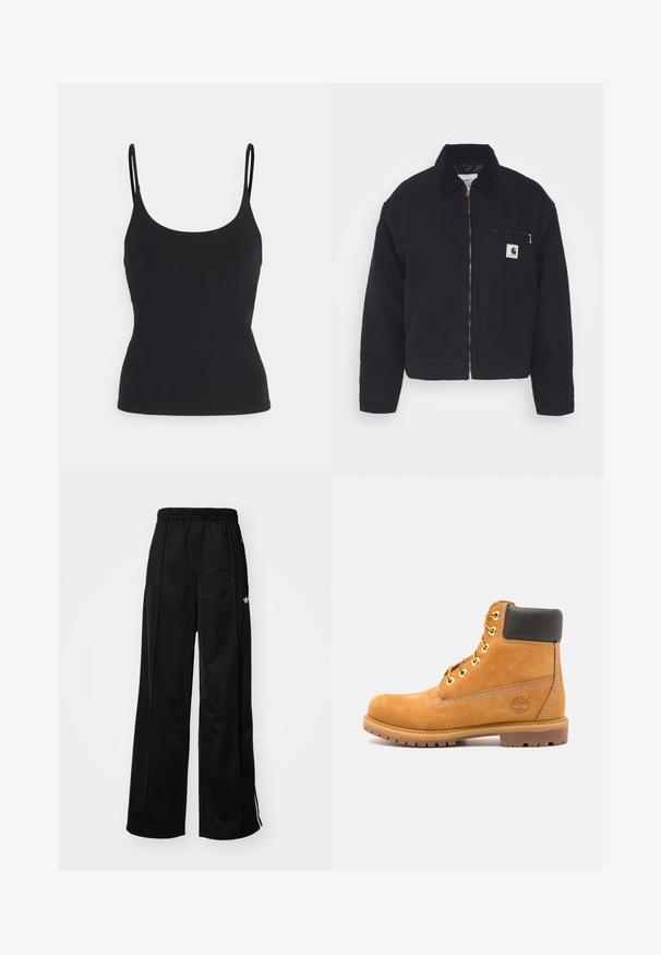 Jaqueta de ganga preta com colarinho de veludo, fecho dianteiro de zipper e um bolso no peito com um zipper dourado e um emblema no lado esquerdo.; Top preto sem mangas com alças finas, feito de um tecido macio e elástico, apresentando uma silhueta justa e um decote arredondado.; Calças de pista de perna larga pretas com um cós elástico, apresentando riscas brancas nas laterais e um pequeno logótipo no quadril esquerdo. Tecido de textura suave.; Bota de tornozelo de couro castanho com acolchoamento preto, ilhós dourados e uma sola texturizada. Apresenta um logótipo circular na lateral e detalhes de costura.