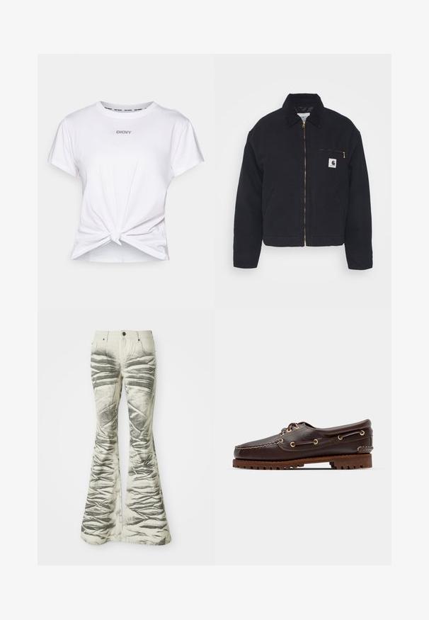Čierna džínsová bunda s kordrovým golierom, predným zipsom a náprsné vrecko s modrým zipsom a nášivkou loga na ľavej strane.; Biela bavlnená tričko s krátkymi rukávmi, s uzlovým lemom a logom "DKNY" z kamienkov na hrudi. Hladká textúra.; Svetlé rozšírené džínsy s textúrovanými čiernymi horizontálnymi pruhmi a vrásčitými detailmi, s prednými vreckami a kovovým zapínaním.; Hnedé kožené loďkové topánky so zlatými očkami, okrúhlymi šnúrkami a štruktúrovanou hnedou gumovou podrážkou. Obsahuje prešívané detaily a vyvýšené logo.