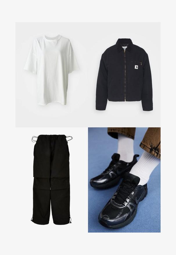 Zwart denim jack met een corduroy kraag, ritssluiting vooraan en een borstzak met een gouden rits en een logo patch aan de linkerkant.; Witte katoenen T-shirt met korte mouwen, losse pasvorm, ronde halslijn en soepele textuur. Geen zichtbare patronen of accenten.; Zwarte broek van lichtgewicht stof, met een verstelbare tailleband en trekkoord aan de broekspijpen. Ontworpen met een losse, oversized pasvorm en meerdere zakken.; Zwarte Nike sportschoenen met een mesh bovenkant en glanzende accenten, zwarte veters en een gestructureerde zool. In combinatie met witte geribde sokken.