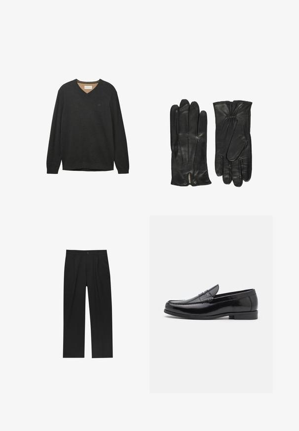 Bruine wollen overjas met grote revers en dubbelzijdige knopen over een grijze turtleneck en geruite gilet; gecombineerd met grijze broek en zwarte handschoenen.; Zwarte V-hals trui met lange mouwen, vervaardigd uit een zachte, gestructureerde stof. Kenmerkt zich door een subtiele logo op de borst en ribbedetails bij de hals en manchetten.; Zwarte broeken met een recht model, gemaakt van een gladde stof. Voorzien van een voorplooien en een enkele knoopsluiting bij de taille.; Zwarte leren instappers met een ronde neus, decoratieve stiksels en een lage hak. Gladde textuur met een subtiele glans. Klassiek ontwerp zonder versieringen.; John Henric CLASSIC - Handschoenen - black