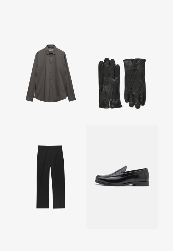 Bruine wollen overjas met grote revers en dubbelzijdige knopen over een grijze turtleneck en geruite gilet; gecombineerd met grijze broek en zwarte handschoenen.; Langsleeve shirt in donkergrijs, gemaakt van een gladde stof. Beschikt over een kraag, knoopsluiting aan de voorkant en een afgeronde zoom met een relaxed fit.; Zwarte broeken met een recht model, gemaakt van een gladde stof. Voorzien van een voorplooien en een enkele knoopsluiting bij de taille.; Zwarte leren instappers met een ronde neus, decoratieve stiksels en een lage hak. Gladde textuur met een subtiele glans. Klassiek ontwerp zonder versieringen.; John Henric CLASSIC - Handschoenen - black