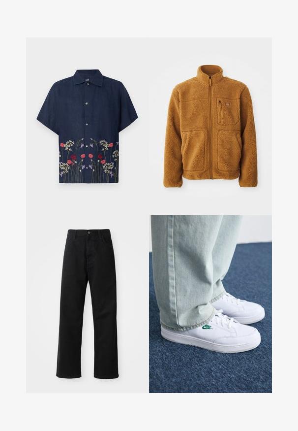 Casaco de fleece numa cor castanha quente, com fecho completo, gola alta, dois bolsos frontais e um bolso no peito com fecho.; GAP Camisa - blue; Calças de ganga pretas com corte direito, apresentando bolsos frontais, fecho de zip e um único botão na parte superior. Tecido texturizado com um acabamento mate.; Tênis de couro brancos com logo verde da Nike, bico redondo, sola plana, combinados com calças de denim azul claro, exibidos sobre um tapete azul.