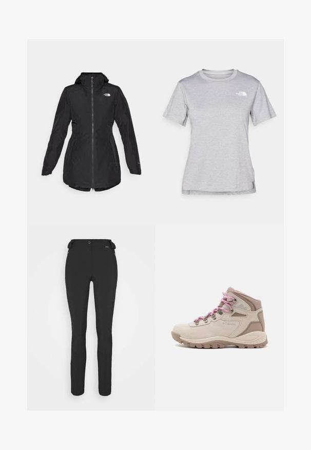 Čierna nepremokavá bunda s kapucňou, predným zipsom, bočnými vreckami a elastickými manžetami. Obsahuje logo na hrudi a mierne zakrivený lem.; Sivý tričko s krátkym rukávom vyrobené z jemného, vlhkosť odvádzajúceho materiálu. Obsahuje okrúhly výstrih a malé biele logo na hornej ľavej strane.; Čierne, priliehavé nohavice vyrobené z flexibilného materiálu. Medzi vlastnosti patrí zipsová bočná vrecko, tvarované kolená a hladký povrch.; Bežová turistická obuv s ružovými šnúrkami, zvršok z semišu a syntetického materiálu, stredne vysoký dizajn, gumová podrážka s protišmykovými vzormi a polstrovaný golier.