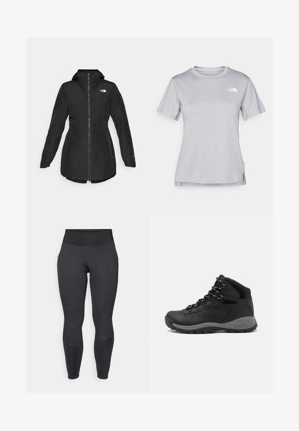 Must märgitud vihmakeep kapuutsiga, esi tõmblukuga, küljetaskutega ja elastsete varrukatega. Põlvini sädeme logo rinnal ja pisut kumer äär.; Hall juppuvarrega, pehmeast, niiskust eemaletõukavast kangast lühikeste varrukatega hall T-särk. Omab ümarat kaelust ning väikest valget logo vasakul ülal.; Mustad kõrge vöökohaga mustad retuusid, mis on valmistatud venivast kangast. Omab siledaid tekstuure, paneele põlvadel ja minimaalset brändi detaili.; Mustarjaline matkasaabas, millel on keskmine disain, tekstuuriga ülemine osa, hallid aktsendid ja vastupidav kummist põhi, millel on haardelugesid.