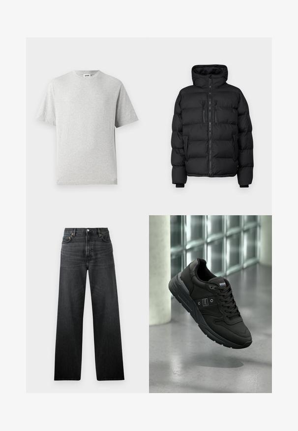 Fekete pufi dzseki kapucnival, steppelt részekkel, elülső cipzárral és két cipzáros mellzsebből áll. Puha tapintás és meleg dizájn.; Szürke, rövid ujjú póló, puha anyagból készült. Kerek nyakkivágással, laza fazonnal rendelkezik, és mentes a mintáktól és logóktól. Az anyaga sima textúrájú.; Fekete farmernadrág egyenes lábú dizájnnal, öt zsebbel és gombos záródással. Az anyagnak enyhe fényessége és látható textúrája van.; Fekete sportcipő sima bőr felső résszel, textúrált béléssel, fűzős kialakítással és olyan gumitalppal, amely markáns mintázattal rendelkezik.