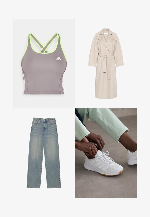 Cappotto in misto lana beige con colletto a revers, vita segnato da una cintura e maniche ampie. Presenta un design pulito e orlo di lunghezza media. Superficie texturizzata.; Massimo Dutti RIBBED CREW NECK - Maglione - LIGHT BROWN; Canotta grigia da atletica con spalline incrociate verde lime, con logo Adidas bianco e un design slim. Texture liscia.; Jeans in denim blu chiaro a vita alta e gamba dritta, con tasche frontali, passanti per cintura e chiusura con bottone e cerniera visibili.; Scarpa sportiva bianca con tomaia in rete, suola in gomma e design a tre strisce. I lacci vengono regolati; visibili abbigliamento grigio chiaro e verde menta.