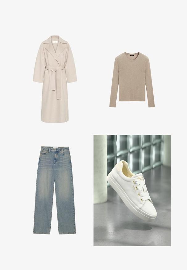 Beige wollen mengstof jas met een gekarteld kraag, een ceintuur in de taille en brede mouwen. Heeft een strak design en een middellange zoom. Gestructureerd oppervlak.; Massimo Dutti RIBBED CREW NECK - Trui - LIGHT BROWN; Lichtblauwe high-waist spijkerbroek met rechte pijpen, voorzakken, riemlussen en zichtbare knoop- en ritssluiting.; Witte leren sneakers met een gladde textuur, ronde neus en platte zool. Voorzien van gouden accenten en witte veters voor een veilige sluiting.