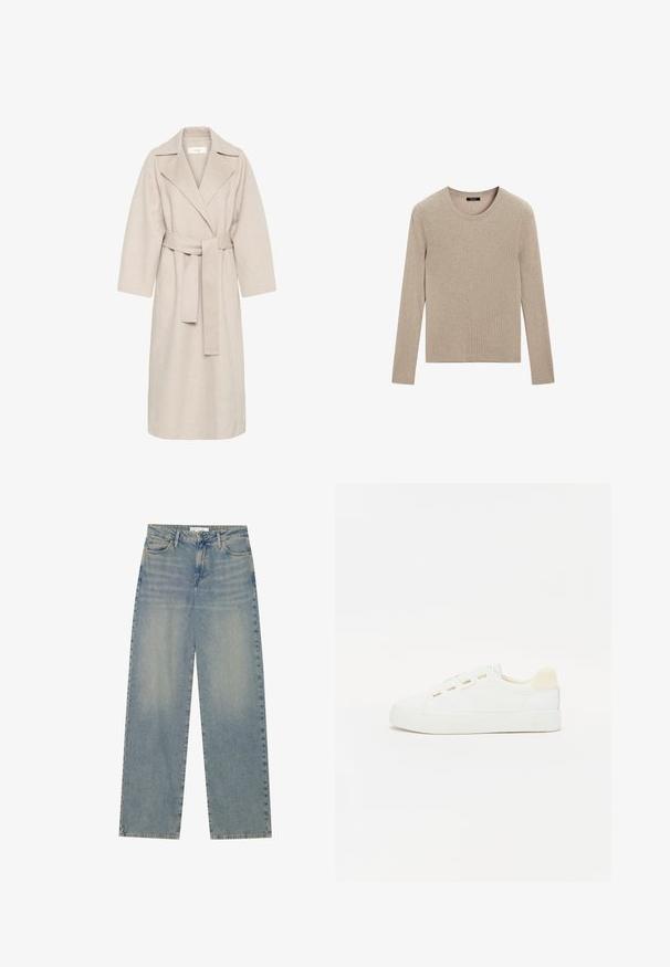 Beige kabát z vlněné směsi s klopovým límcem, opaskem v pase a širokými rukávy. Vyznačuje se čistým designem a středně dlouhým lemem. Texturovaný povrch.; Massimo Dutti RIBBED CREW NECK - Svetr - LIGHT BROWN; Světlé modré džíny s vysokým pasem a rovnými nohavicemi, vybavené předními kapsami, poutky na pásek a viditelným zapínáním na knoflík a zip.; Bílá sneakers s plátnovým svrškem, kulatou špičkou a plochou gumovou podrážkou. Obsahuje zlaté průchodky a světle béžový akcent na patě.