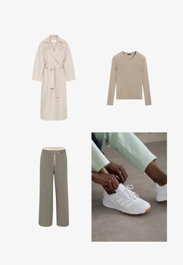 Manteau en mélange de laine beige avec un col à revers, une taille ceinturée et des manches larges. Il présente un design épuré et une longueur mi-mollet. Surface texturée.; Massimo Dutti RIBBED CREW NECK - Pullover - LIGHT BROWN; Pantalons larges en tissu gris clair. Taille élastique avec cordon de serrage. Fini texturé, sans motifs ou accents visibles.; Chaussure de sport blanche avec une tige en maille, semelle en caoutchouc et un design à trois bandes. Les lacets sont en train d'être ajustés ; des vêtements gris clair et vert menthe sont visibles.
