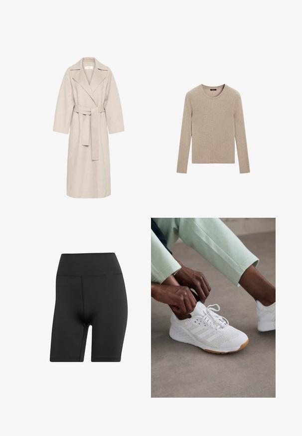 Beige kabát z vlněné směsi s klopovým límcem, opaskem v pase a širokými rukávy. Vyznačuje se čistým designem a středně dlouhým lemem. Texturovaný povrch.; Massimo Dutti RIBBED CREW NECK - Svetr - LIGHT BROWN; Černé cyklistické šortky vyrobené z elastického materiálu, s vysokým pasem a plochými švy pro pohodlí a odolnost.; Bílé atletické boty s textilním svrškem, gumovou podrážkou a designem tří pruhů. Šňůrky se právě upravují; viditelné jsou světlé šedé a mátově zelené oblečení.