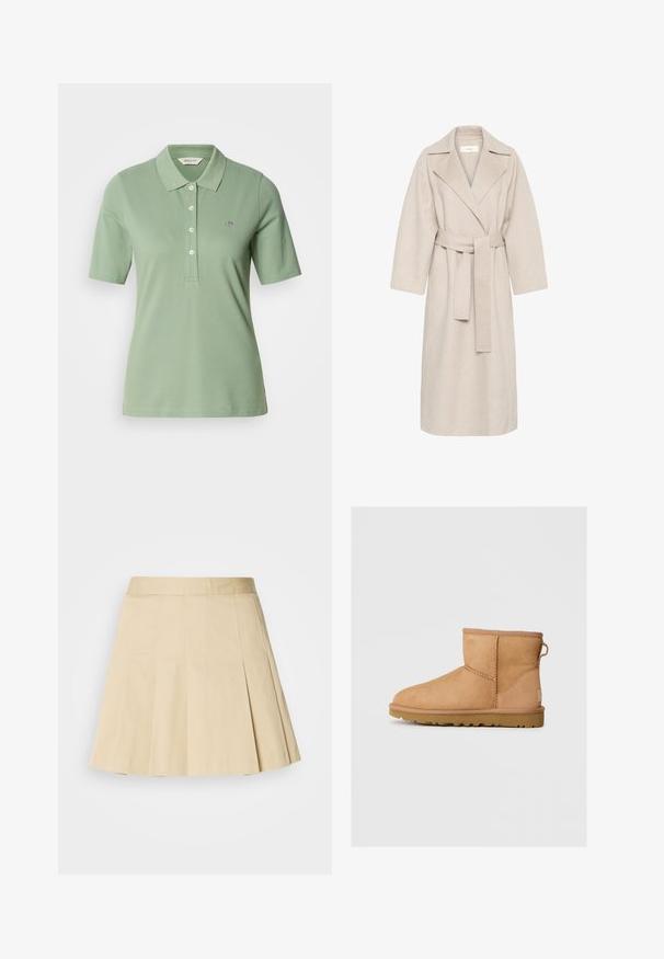 Palton bej dintr-un amestec de lână, cu guler tăiat, talie accentuată prin curea și mâneci largi. Are un design curat și o lungime medie. Suprafață texturată.; Pulover negru cu guler rotund, cu mâneci lungi, cu tivuri și margine ribdate, realizat dintr-un material moale. Design simplu, curat, fără motive sau accente.; Polo verde din bumbac, cu o croială ajustată, guler polo, mâneci scurte și un mic logo brodat pe piept.; Fustă pliată din bumbac bej deschis, cu un tiv și patru cusături verticale în față. Tivul este ușor evazat pentru o mișcare mai liberă.; Botină din suede bej, cu vârf rotund, detalii cusute, buclă de prindere pe spate și talpă din cauciuc texturat. Proiectată pentru confort și căldură.