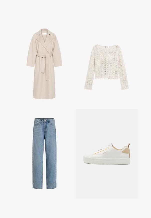 Beige Wollmischungsmantel mit Reverskragen, tailliertem Bund und weiten Ärmeln. Verfügt über ein schlichtes Design und einen mittellangen Saum. Texturierte Oberfläche.; Häkelpullover in Creme mit lockerer Passform, langen Ärmeln und gewelltem Saum. Verfügt über offene Gewebemuster für eine atmungsaktive Textur.; Helleblaue, hochgeschnittene Jeans aus Denim. Mit geraden Beinen, fünf Taschen und einem Frontknopfverschluss.; Weiße Ledersneaker mit einer texturierten Gummisohle, goldenen Ösen und einem braunen Akzent an der Ferse. GANT-Logo an der Seite angebracht.