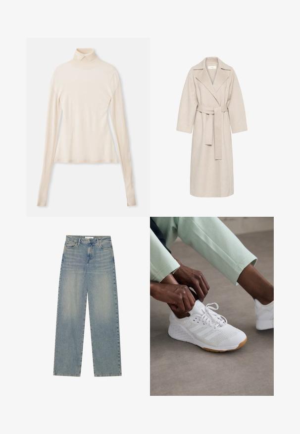 Beżowy płaszcz z mieszanki wełny z wyłogowym kołnierzem, paskiem w talii i szerokimi rękawami. Charakteryzuje się czystą bryłą i długością do połowy uda. Teksturowana powierzchnia.; Kremowy sweter z golfem wykonany z miękkiego, gładkiego materiału, z długimi rękawami, dopasowanym krojem i lekkim streczem dla wygody.; Jasnoniebieskie dżinsy z wysokim stanem, prostymi nogawkami, przednimi kieszeniami, szlufkami na pasek oraz widocznym zapięciem na guzik i zamek błyskawiczny.; Białe buty sportowe z siateczkową cholewką, gumową podeszwą i wzorem w trzy paski. Sznurowadła są regulowane; widoczne jasnoszare i miętowe ubrania.