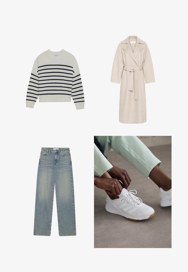 Cappotto in misto lana beige con colletto a revers, vita segnato da una cintura e maniche ampie. Presenta un design pulito e orlo di lunghezza media. Superficie texturizzata.; Maglione crema con righe orizzontali blu navy, texture a costine, scollatura rotonda e maniche lunghe. Vestibilità comoda con un design corto.; Jeans in denim blu chiaro a vita alta e gamba dritta, con tasche frontali, passanti per cintura e chiusura con bottone e cerniera visibili.; Scarpa sportiva bianca con tomaia in rete, suola in gomma e design a tre strisce. I lacci vengono regolati; visibili abbigliamento grigio chiaro e verde menta.