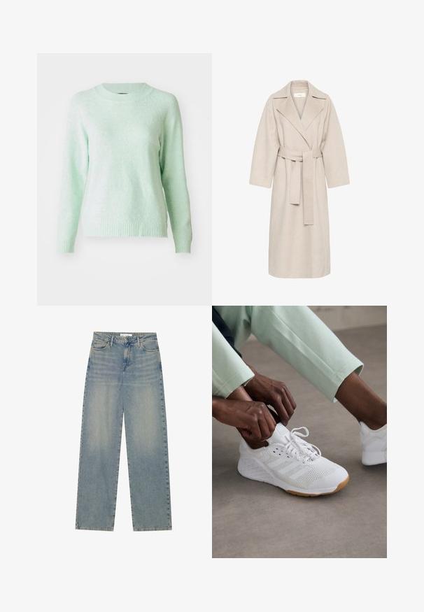 Beige gyapjú keverék kabát, kitüntetett gallérral, övvel ellátott derékkal és széles ujjakkal. Tiszta dizájn és közepes hosszúságú szegély jellemzi. Texturált felület.; Világos zöld, hosszú ujjú pulóver kerek nyakkivágással. Puha tapintású, bordázott mandzsettákkal és aljjal. Egyszerű dizájn, minta vagy díszítés nélkül.; Világoskék, magas derekú, egyenes szárú denim farmernadrág elülső zsebekkel, övhurkokkal, valamint látható gomb- és cipzárzárral.; Fehér sportcipő hálós felsőrésszel, gumitalppal és három csíkkal. A fűzők állítva vannak; világosszürke és mentazöld ruházat látható.