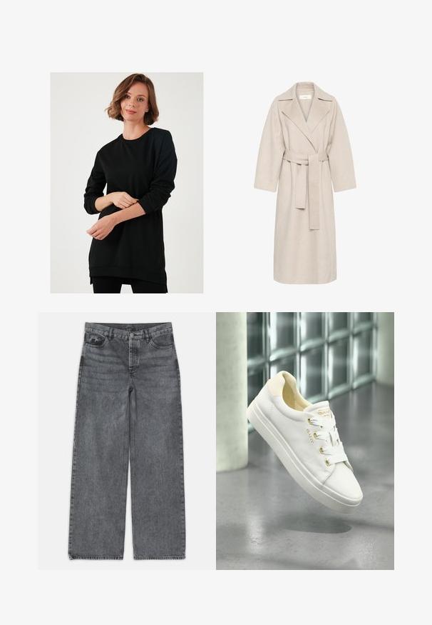 Bež kaput od vune s dodatkom, s rever-jakom, pojasom u struku i širokim rukavima. Ima čist dizajn i duljinu do sredine. Tekstura na površini.; Crna tunika dugih rukava od mekanog materijala, s okruglim izrezom, opuštenog kroja i bočnim prorezima na dnu za lakše kretanje.; Široke traperice u tamnosivoj boji. Imaju visoki struk, dizajn s pet džepova i prednje kopčanje na dugme. Glatka tekstura s suptilnim izbljeđenjem.; Bijele kožne tenisice s glatkom površinom, okruglim vrhom i ravnim potplatom. Sadrže zlatne detalje i bijele vezice za sigurno pričvršćivanje.