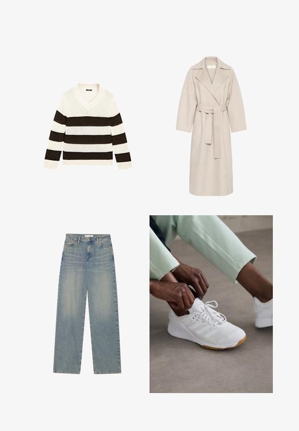 Beige kabát z vlněné směsi s klopovým límcem, opaskem v pase a širokými rukávy. Vyznačuje se čistým designem a středně dlouhým lemem. Texturovaný povrch.; Svetr s výstřihem do V s pruhy, který má střídavé široké pruhy v krémové a tmavě hnědé barvě, pletenou strukturu a dlouhé rukávy.; Světlé modré džíny s vysokým pasem a rovnými nohavicemi, vybavené předními kapsami, poutky na pásek a viditelným zapínáním na knoflík a zip.; Bílé atletické boty s textilním svrškem, gumovou podrážkou a designem tří pruhů. Šňůrky se právě upravují; viditelné jsou světlé šedé a mátově zelené oblečení.