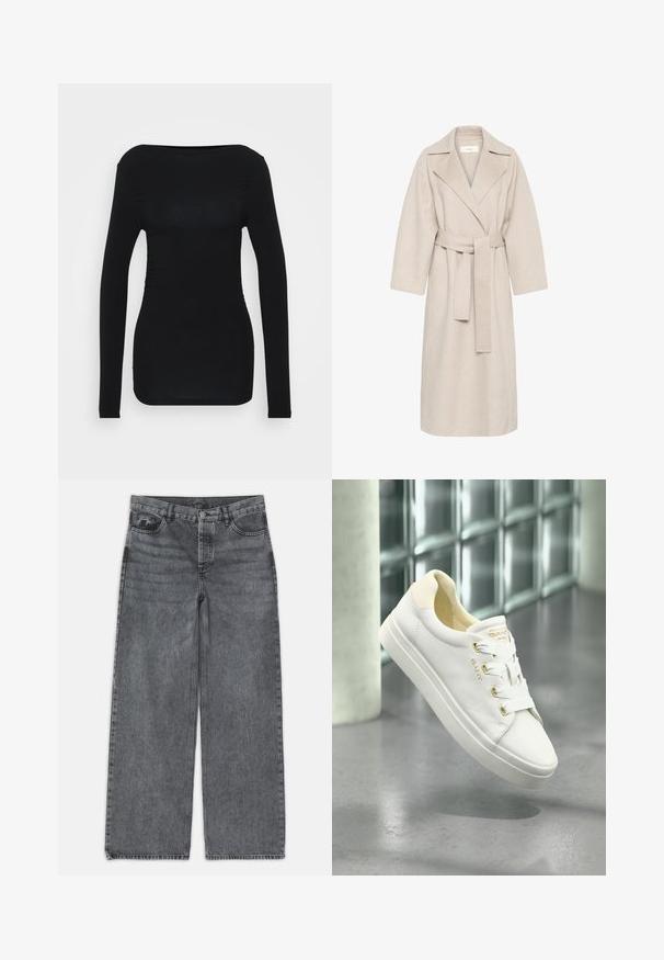 Beige villasegust coat, millel on sälgkurg, vöökohaga ja laiad varrukad. Omab puhtat disaini ja keskmise pikkusega äärt. Tekstuuritud pind.; Must be a black long-sleeve topp, mis veniv madel venid, mis tudes varg coeur de cuure onnia. Top on kummalit rammedist ochi paivit, mis kivud unr wala kolangene.; Laia püksid tumedas hallis denimis. Omavad kõrget vööd, viit taskut ning esist nööbist sulgemist. Sile pind kerge kulumisega.; Valged nahast tossud sileda tekstuuriga, ümar ninas ja lapik tallaga. Omavad kuldseid detaile ja valgeid nööre kindlaks kinnitamiseks.