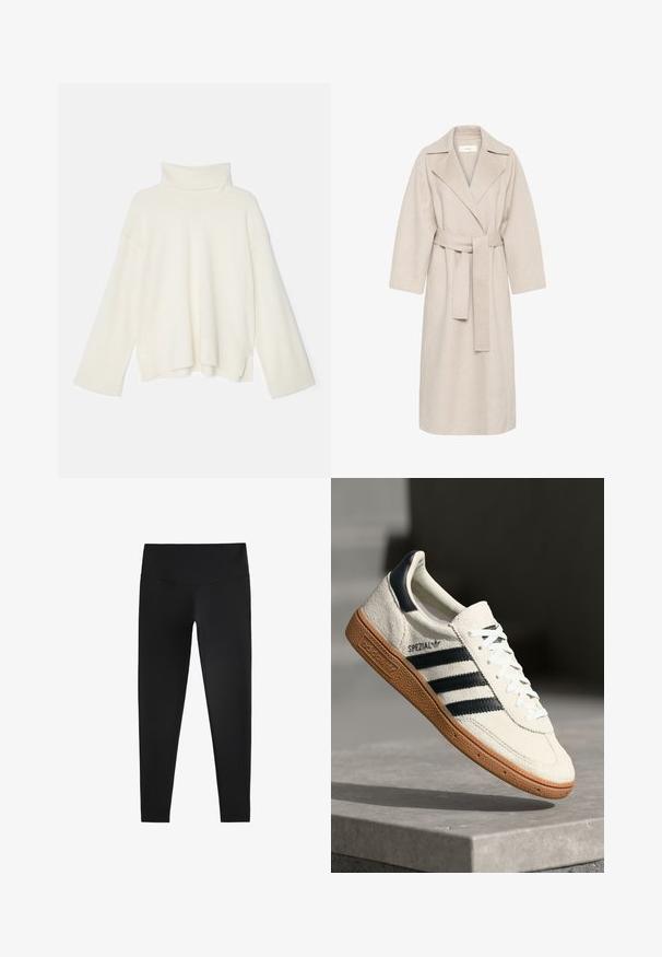 Bežový kabát z vlnenej zmesi s vykrojeným golierom, opaskom v páse a širokými rukávmi. Má jednoduchý dizajn a stredne dlhý lem. Textúrovaný povrch.; Svetlý krémový rolák, oversized strih, ribbovaný povrch, spustené ramená a široké rukávy, vyrobený z mäkkej pleteniny.; Čierne legíny vyrobené z elastického materiálu, s vysokým pásom a hladkou текстúrou, navrhnuté pre pohodlie a flexibilitu.; Biele semišové tenisky s námorníckymi pruhmi, gumovou podrážkou, textúrovaným zvrškom, okrúhlou špičkou a šnurovaním; obsahujú označenie na boku a jazyku.
