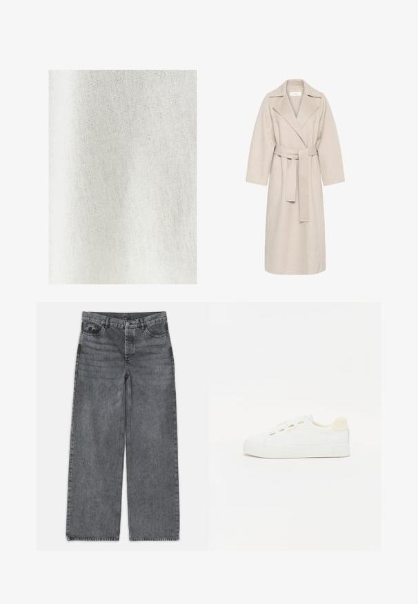 Beige Wollmischungsmantel mit Reverskragen, tailliertem Bund und weiten Ärmeln. Verfügt über ein schlichtes Design und einen mittellangen Saum. Texturierte Oberfläche.; Weißer Stoff mit einer feinen, strukturierten Webart, der eine helle, natürliche Farbe mit subtilen Variationen und einem sanften, zarten Erscheinungsbild zeigt.; Weite Jeans in dunkelgrauem Denim. Verfügt über eine hohe Taille, ein Fünf-Taschen-Design und einen Frontknopfverschluss. Glatte Textur mit subtilen Auswaschungen.; Weißer Sneaker mit Obermaterial aus Canvas, runder Zehenpartie und flacher Gummisohle. Verfügt über goldfarbene Ösen und einen hellbeigen Fersenakzent.