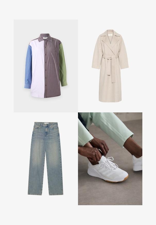 Beige wool blend coat with a notched collar, belted waist, and wide sleeves. Features a clean design and mid-length hem. Textured surface.; Striped shirt with a button-up design, featuring sections in blue, pink, brown, and green. Includes a chest pocket and collar.; Light blue high-waist straight-leg denim jeans with front pockets, belt loops, and visible button and zipper closure.; White athletic shoe with a mesh upper, rubber sole, and three stripe design. Laces are being adjusted; light gray and mint green clothing visible.