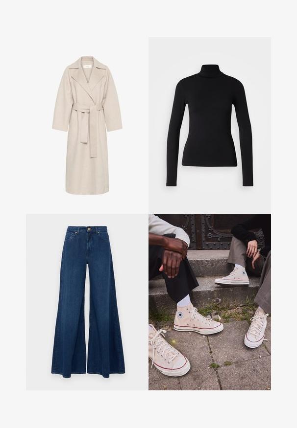 Beige villasekoitus takki, jossa on lovettu kaulus, vyöllinen vyötärö ja leveät hihat. Ominaisuuksina puhdas muotoilu ja keskipitkä helma. Teksturoitu pinta.; Musta poolikauluspaita, joka on valmistettu joustavasta kankaasta. Siinä on pitkät hihat, kireä muotoilu ja sileä pinta ilman kuvioita tai koristeita.; Tummansiniset leveälahkeiset farkut, joissa on korkea vyötärö, kaksi etutaskua ja kultasävyinen kiinnitys nappisuljenta. Sileä rakenne.; Korkean varren beige kangastennarit, joissa on punainen raita, valkoinen kumipohja ja metalliset silmukat, sekä ikoninen tähti-logo sivussa.