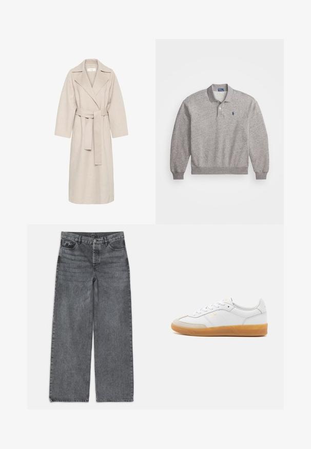 Bež plašč iz volnene mešanice z izrezanim ovratnikom, pasom in širokimi rokavi. Ima preprost dizajn in srednje dolg rob. Teksture.; Sivi polo pulover iz mešanice bombaža, z dolgimi rokavi, ovratnikom, zapenjanjem na dva gumbka in majhnim logotipom izvezenim na prsih.; Svetle hlače širokih nogavic v temno sivi denimu. Imajo visok pas, pet žepov in sprednji gumbasti zaklep. Gladka tekstura z občutnim zbledeljem.; Bela usnjena teniska obutev z bež zlatimi poudarki, podplatom iz gumijastega materiala in vezalnim dizajnom. Vsebuje diskretno blagovno znamko v zlati barvi.