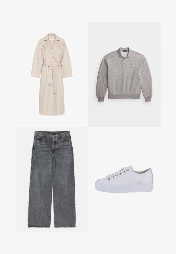 Beige ullblandad kappa med notched krage, bälte i midjan och vida ärmar. Har en ren design och medellång nederkant. Texturerad yta.; Grå polo-sweater gjord av en bomullsblandning, med lång ärm, krage, placket med två knappar och en liten broderad logotyp på bröstet.; Breda jeans i mörkgrå denim. Har hög midja, femficksdesign och framknäppt stängning. Slät textur med subtil blekning.; Vita lädersneakers med en slät yta, rund tå och upphöjd vit sula. Har silverfärgade hällor och platta snören.
