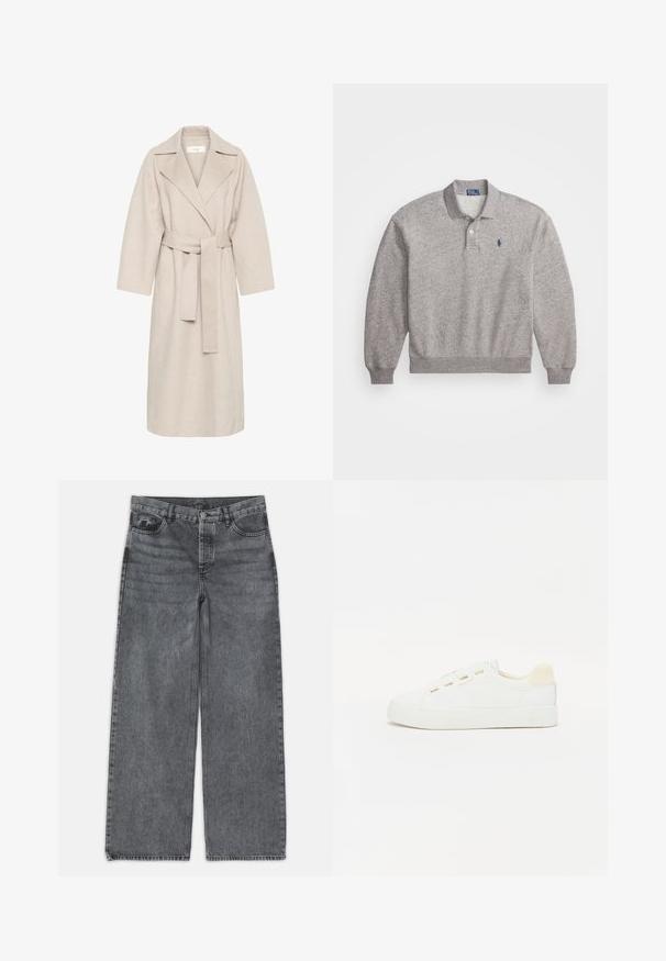 Bežinis vilnos mišinio paltas su įpjautu apykakle, diržu aplink liemenį ir plačiomis rankovėmis. Turi švarų dizainą ir vidutinio ilgio hemą. Textūruotas paviršius.; Pilkos polo džemperis pagamintas iš medvilnės mišinio, su ilgomis rankovėmis, apykakle, dviem mygtukais ir mažomis siuvinėtomis logotipais ant krūtinės.; Platus kojų džinsai tamsiai pilko džinsinio audinio. Yra aukšta liemenė, penkių kišenių dizainas ir priekinis sagčių uždarymas. Lygus paviršius su subtiliu dėvėjimosi efektu.; Baltos sportbačiai su kanapių viršumi, apvaliu nosiu ir plokščiu guminiais padu. Yra auksiniai akių angos ir šviesiai smėlinis kulno akcentas.