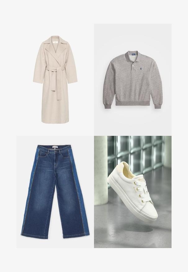 Beige villasegust coat, millel on sälgkurg, vöökohaga ja laiad varrukad. Omab puhtat disaini ja keskmise pikkusega äärt. Tekstuuritud pind.; Hallhalli hallhalli puuvillasegust, mis on varrukad pikad, krae, kahe nupuga lukuga ja rinnal väikese logoga, tikand.; Laiad teksad keskmise ja heleda sinise deniimiga kontrastsete paneelidega. Omab viit taskut, lukuga esiosa ja tikkitud äärt.; Valged nahast tossud sileda tekstuuriga, ümar ninas ja lapik tallaga. Omavad kuldseid detaile ja valgeid nööre kindlaks kinnitamiseks.