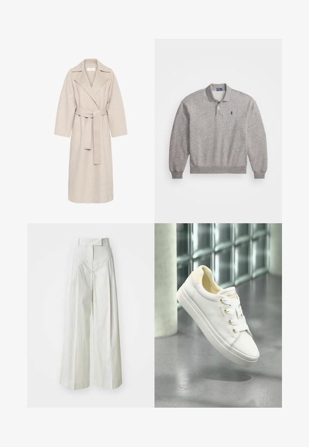 Palton bej dintr-un amestec de lână, cu guler tăiat, talie accentuată prin curea și mâneci largi. Are un design curat și o lungime medie. Suprafață texturată.; Pulover polo gri realizat dintr-un amestec de bumbac, având mâneci lungi, guler, nasturi două la plachetă și un logo mic brodat pe piept.; Pantaloni largi de culoare verde deschis cu dungi verticale albe. Au talie înaltă, bucle pentru curea și o textură netedă din bumbac.; Adidași din piele albă, cu o textură netedă, vârf rotund și talpă plată. Prezintă accente aurii și șireturi albe pentru o fixare sigură.