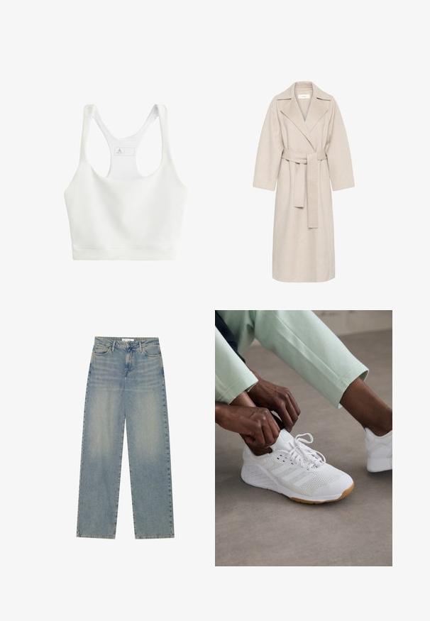 Beige ullblandad kappa med notched krage, bälte i midjan och vida ärmar. Har en ren design och medellång nederkant. Texturerad yta.; Vit ribbad sport-bh med rund halsringning, breda axelband och en åtsittande design. Har varumärkets etikett på insidan vid ryggen.; Ljusblå högmidjade raka denimjeans med framfickor, bälteshällor samt synlig knapp- och dragkedjeslutning.; Vit sportskor med ovandel i mesh, gummisula och tre-radigt mönster. Skosnören justeras; ljusgrå och mintgrön klädsel synlig.