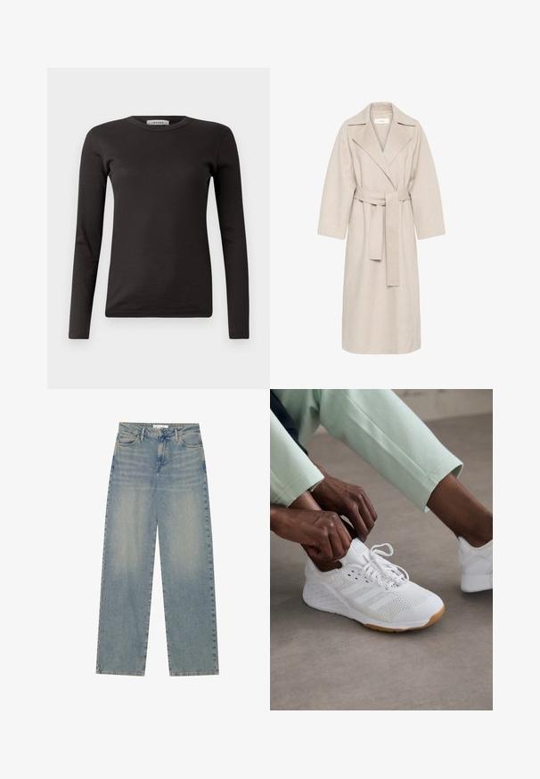 Bež plašč iz volnene mešanice z izrezanim ovratnikom, pasom in širokimi rokavi. Ima preprost dizajn in srednje dolg rob. Teksture.; Črna dolga majica s dolgimi rokavi iz rebrastega materiala z okroglo ovratnico in slim fit krojem. Narejena iz mehke bombažne tkanine, primerna za plastenje.; Svijetloplave traperice visokog struka ravnog kroja s prednjim džepovima, petljama za pojas i vidljivim dugmetom i zatvaračem.; Bela atletska čevlja z mrežnim zgornjim delom, gumijastim podplatom in dizajnom s tremi črtami. Vezalke se prilagajajo; vidne so svetlo siva in meta zelena oblačila.