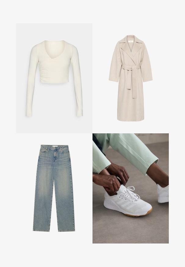 Bež kaput od vune s dodatkom, s rever-jakom, pojasom u struku i širokim rukavima. Ima čist dizajn i duljinu do sredine. Tekstura na površini.; Dugi rukav, kremasti crop top s v-izrezom i nabranim bočnim detaljem, izrađen od rastezljivog materijala za prilagođen izgled.; Svijetloplave traperice visokog struka ravnog kroja s prednjim džepovima, petljama za remen i vidljivim dugmetom i zatvorom na patentni zatvarač.; Bijela atletska cipela s mrežastim gornjim dijelom, gumenim potplatom i dizajnom s tri pruge. Lace se podešavaju; vidljiva su svijetlosiva i mint zelena odjeća.