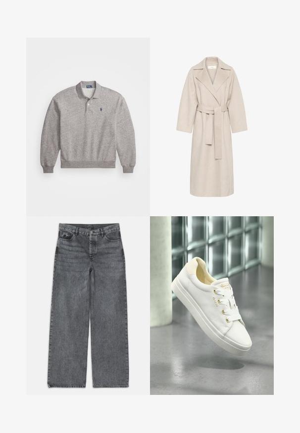 Beige gyapjú keverék kabát, kitüntetett gallérral, övvel ellátott derékkal és széles ujjakkal. Tiszta dizájn és közepes hosszúságú szegély jellemzi. Texturált felület.; Szürke póló pulóver, pamut keverékből készült, hosszú ujjakkal, gallérral, két gombos nyakkivágással, és egy kis logóval hímzett a mellkason.; Sötét szürke denim széles szárú farmer. Magas derekú, öt zsebes kialakítással és elöl gombos záródással rendelkezik. Simább textúrájú, enyhe kopással.; Fehér bőr sportcipők sima textúrával, kerek orral és lapos talppal. Arany kiegészítőkkel és fehér fűzőkkel rendelkezik a biztonságos rögzítés érdekében.
