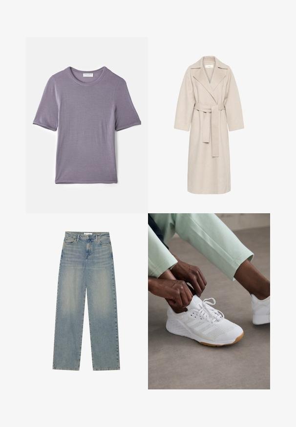 Beige villasekoitus takki, jossa on lovettu kaulus, vyöllinen vyötärö ja leveät hihat. Ominaisuuksina puhdas muotoilu ja keskipitkä helma. Teksturoitu pinta.; Lyhyet hihansuut, pehmeästä kankaasta valmistettu violetti t-paita, jossa on pyöreä kaula-aukko ja suora helma. Paita on sileäpintaista ja siinä ei ole näkyviä kuvioita.; Vaaleansiniset korkeavyötäröiset suorat farkut, joissa on etutaskut, vyölenkit sekä näkyvä nappi ja vetskari.; Valkoinen urheilukenkä, jossa on verkkomateriaali päällä, kumiulkopohja ja kolme raitaa designissa. Nyörejä säädetään; vaaleanharmaita ja mintunvihreitä vaatteita näkyvissä.