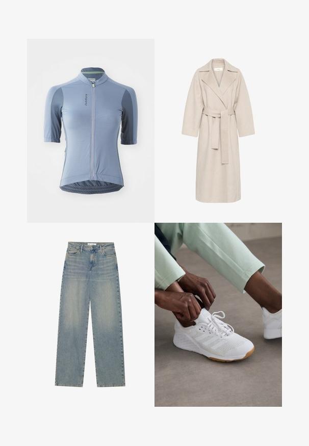 Beige wool blend coat with a notched collar, belted waist, and wide sleeves. Features a clean design and mid-length hem. Textured surface.; Light blue cycling jersey with short sleeves, zip front, mesh panels, and textured hem. Features subtle branding and contrast grey accents.; Light blue high-waist straight-leg denim jeans with front pockets, belt loops, and visible button and zipper closure.; White athletic shoe with a mesh upper, rubber sole, and three stripe design. Laces are being adjusted; light gray and mint green clothing visible.