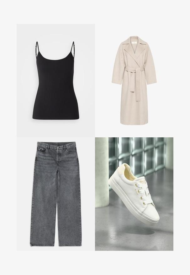 Beige Wollmischungsmantel mit Reverskragen, tailliertem Bund und weiten Ärmeln. Verfügt über ein schlichtes Design und einen mittellangen Saum. Texturierte Oberfläche.; Schwarzes Camisole mit dünnen, verstellbaren Trägern, gefertigt aus einem glatten, elastischen Stoff. Verfügt über einen Rundhalsausschnitt und eine figurbetonte Silhouette.; Weite Jeans in dunkelgrauem Denim. Verfügt über eine hohe Taille, ein Fünf-Taschen-Design und einen Frontknopfverschluss. Glatte Textur mit subtilen Auswaschungen.; Weiße Ledersneaker mit glatter Textur, runder Spitze und flacher Sohle. Mit goldenen Akzenten und weißen Schnürsenkeln für einen sicheren Halt.