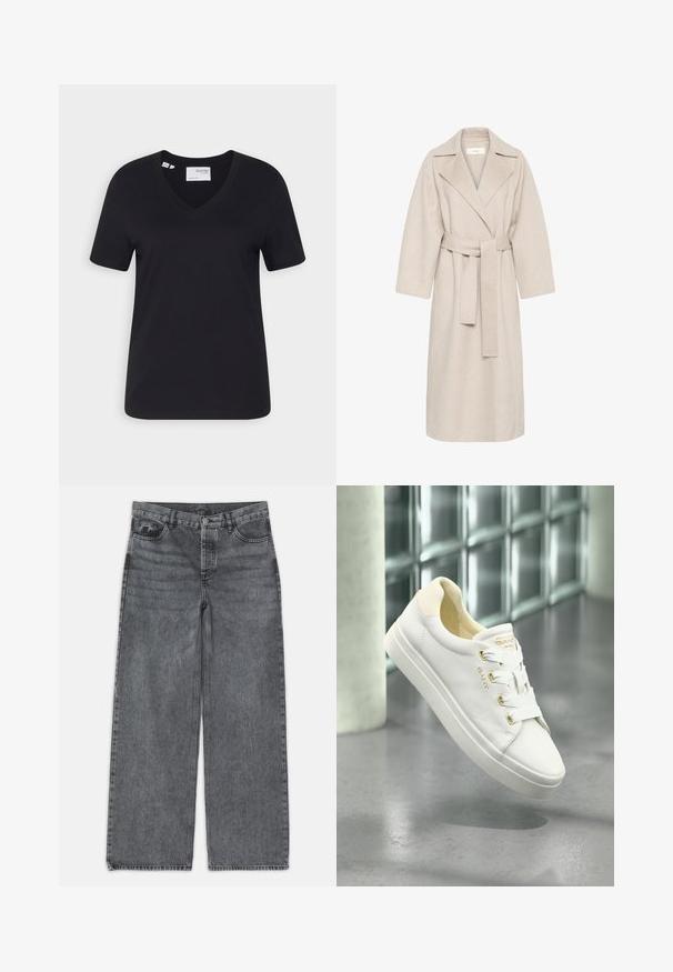 Beige uldblandakot med en klippet krave, bælte i taljen og brede ærmer. Har et rent design og mellemlangt skjorte. Tekstureret overflade.; Sort bomulds T-shirt med v-hals, korte ærmer og en afslappet pasform. Glat tekstur og ren kant uden udsmykninger.; Bredde ben jeans i mørkegrå denim. Har høj talje, fem lomme design og forneden knaplukning. Glat tekstur med subtil fading.; Hvide lædersneakers med en glat tekstur, rund tå og flad sål. Udstyret med guld-accenter og hvide snørebånd for sikker lukning.