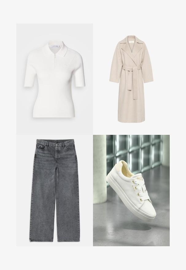 Beige gyapjú keverék kabát, kitüntetett gallérral, övvel ellátott derékkal és széles ujjakkal. Tiszta dizájn és közepes hosszúságú szegély jellemzi. Texturált felület.; Fehér, rövid ujjú, póló stílusú felső, cipzáras gallérral, finom bordázott textúrával és egy kis Lacoste logóval a mellrészen.; Sötét szürke denim széles szárú farmer. Magas derekú, öt zsebes kialakítással és elöl gombos záródással rendelkezik. Simább textúrájú, enyhe kopással.; Fehér bőr sportcipők sima textúrával, kerek orral és lapos talppal. Arany kiegészítőkkel és fehér fűzőkkel rendelkezik a biztonságos rögzítés érdekében.