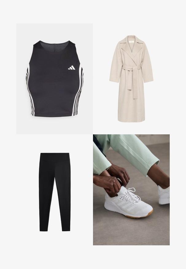 Beige Wollmischungsmantel mit Reverskragen, tailliertem Bund und weiten Ärmeln. Verfügt über ein schlichtes Design und einen mittellangen Saum. Texturierte Oberfläche.; Schwarzes, sportliches Crop-Top aus dehnbarem Material, mit weißen Seitenstreifen und einem Adidas-Logo-Akzent auf der linken Brust.; Schwarze Leggings aus glattem, dehnbarem Stoff. Mit einem breiten Bund und tailliertem Bein Design, geeignet für aktive oder lässige Kleidung.; Weißer Sportschuh mit einem Mesh-Obermaterial, Gummisohle und einem Design mit drei Streifen. Die Schnürsenkel werden ajustiert; hellgraue und mintgrüne Kleidung ist sichtbar.
