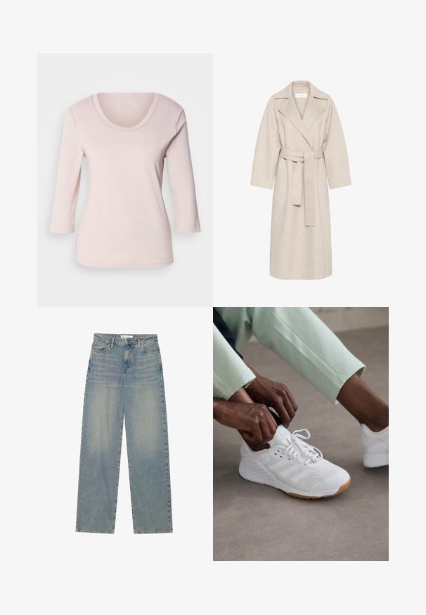 Beige Wollmischungsmantel mit Reverskragen, tailliertem Bund und weiten Ärmeln. Verfügt über ein schlichtes Design und einen mittellangen Saum. Texturierte Oberfläche.; Helles rosa, langärmliges Hemd mit einem weiten Ausschnitt. Hergestellt aus weichem Stoff, mit genähten Details entlang des Ausschnitts und der Ärmelenden.; Helle blaue, hochgeschnittene, gerade geschnittene Jeans aus Denim mit Fronttaschen, Gürtelschlaufen sowie sichtbarem Knopf- und Reißverschluss.; Weißer Sportschuh mit einem Mesh-Obermaterial, Gummisohle und einem Design mit drei Streifen. Die Schnürsenkel werden ajustiert; hellgraue und mintgrüne Kleidung ist sichtbar.